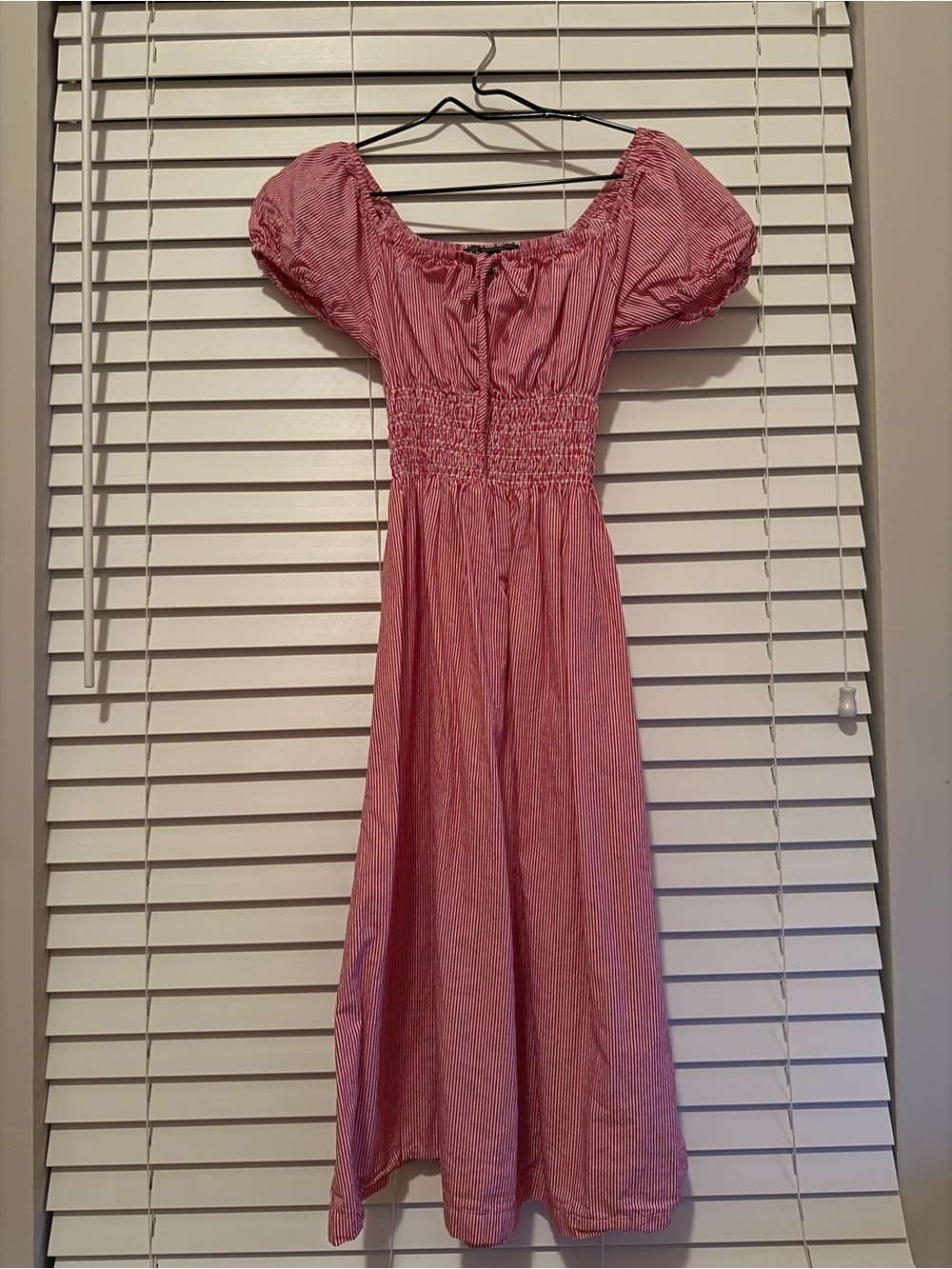 Red Puff-Sleeve Midi Dress with Smocked Waist